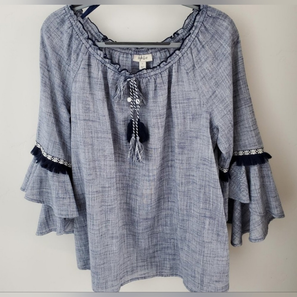 Style Co Womens Boho Blue Scoopneck Flare Sleeve Tassels Blouse SIZE: M